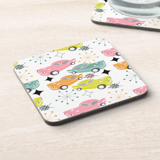 Retro Cars Atomic Sternexplosion Moderne Mitte Jah Getränkeuntersetzer (Linke Seite)