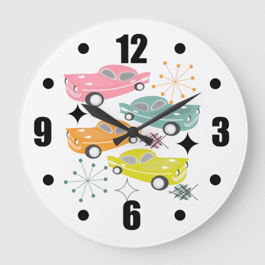 Retro Cars Atomic Sternexplosion Moderne Mitte Jah Große Wanduhr (Vorderseite)