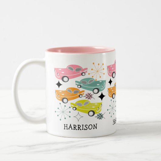 Retro Cars Atomic Sternexplosion Moderne Mitte Jah Zweifarbige Tasse (Links)