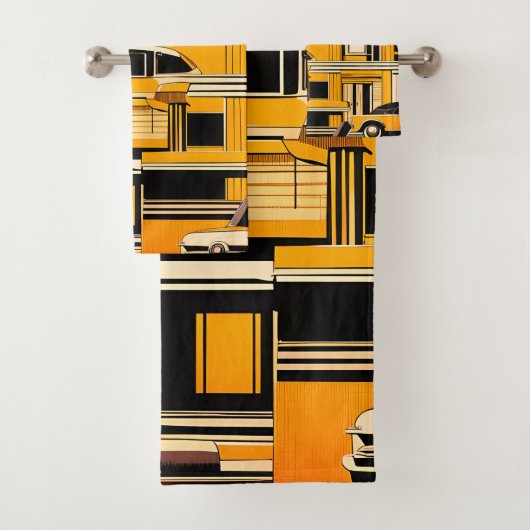 Retro Cars Geometric Mustard Mid Century Badhandtuch Set (Insitu)