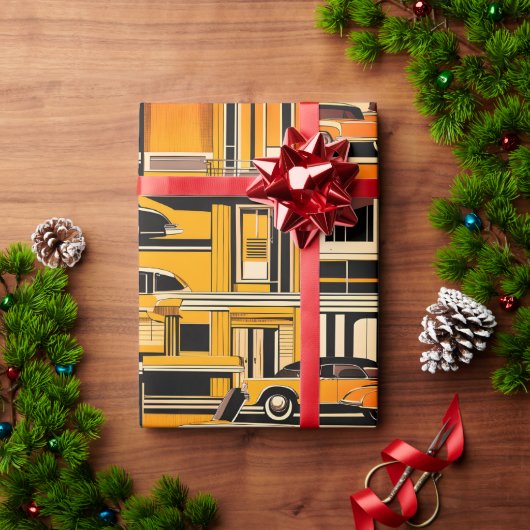 Retro Cars Geometric Mustard Mid Century Geschenkpapier (Feiertagsgeschenk)