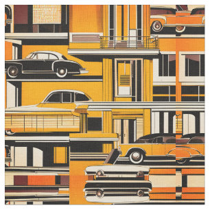 Retro Cars Geometric Mustard Mid Century Stoff