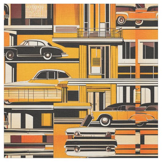 Retro Cars Geometric Mustard Mid Century Stoff (Nahaufnahme)