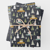 Retro Cars Weihnachtswald Bäume Grau Schwarz  Geschenkpapier Set (Beispiel)