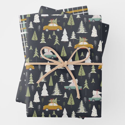 Retro Cars Weihnachtswald Bäume Grau Schwarz  Geschenkpapier Set (Beispiel)