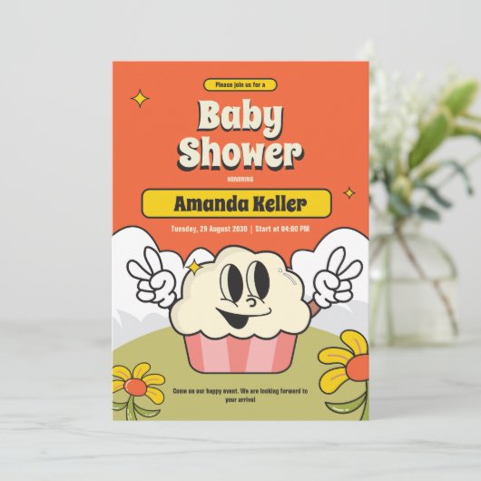 Retro Cartoon Cake Baby Dusche Einladung (Stehend Vorderseite)