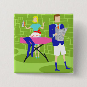 Retro Cartoon Couple am Zuhause Button