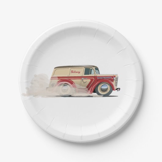 Retro Cartoon delivery van Pappteller (Vorderseite)