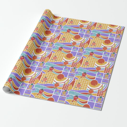 Retro-Cartoon-Früchte geometrisches Muster Geschenkpapier (Ungerollt)
