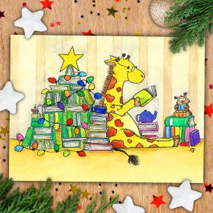 Retro-Cartoon-Giraffe-Bookmas-Weihnachtspostkarte Postkarte