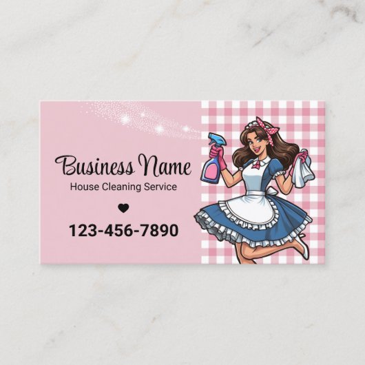 Retro Cartoon Haushaltshilfe Reinigungsservice Ros Visitenkarte (Vorderseite)