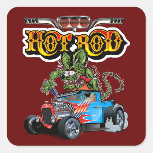 Retro-Cartoon-Hot-Rod Quadratischer Aufkleber