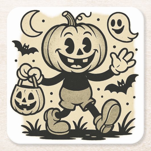 Retro cartoon-inspired pumpkin Halloween coaster Rechteckiger Pappuntersetzer (Vorderseite)
