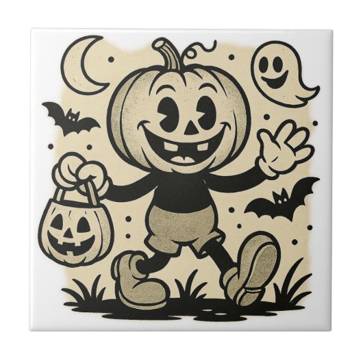 Retro cartoon-inspired pumpkin Halloween tile Fliese (Vorderseite)