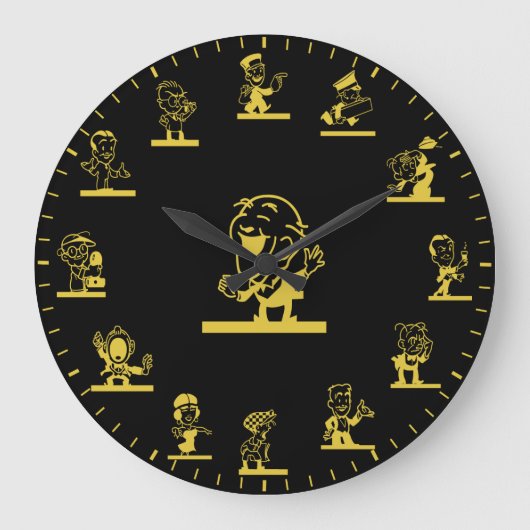 Retro Cartoon People Themed Gold Large Clock Große Wanduhr (Vorderseite)