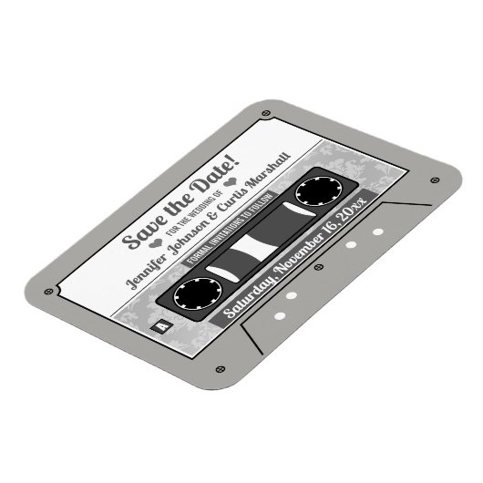 Retro Cassette Band Hochzeit speichern Sie das Dat Magnet (Linke Seite)