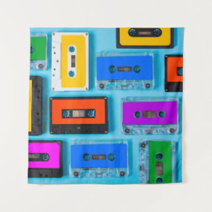 Retro Cassette: Blue Background Collection Wandteppich