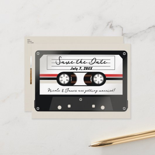 Retro Cassette Tape Beige Gray 90er Save the Date Ankündigungspostkarte (Vorderseite/Rückseite Beispiel)