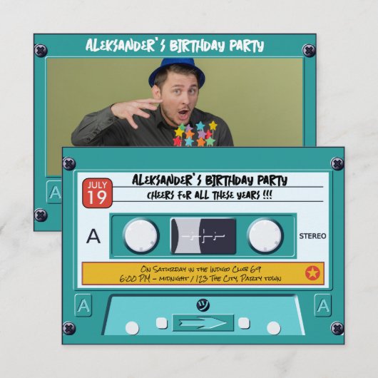 Retro Cassette Tape Geburtstagsaufruf Einladung (Vorne/Hinten)