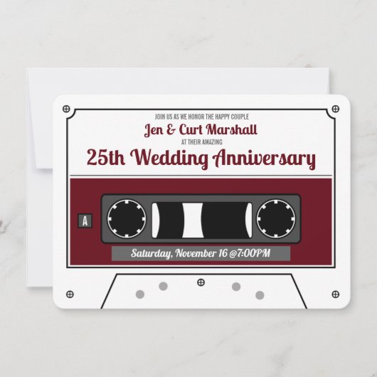 Retro Cassette Tape Wine Red Anniversary Party Einladung (Vorderseite)