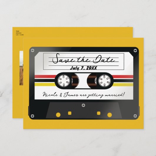 Retro Cassette Tape Yellow 90's Save the Date Ankündigungspostkarte (Vorne/Hinten)