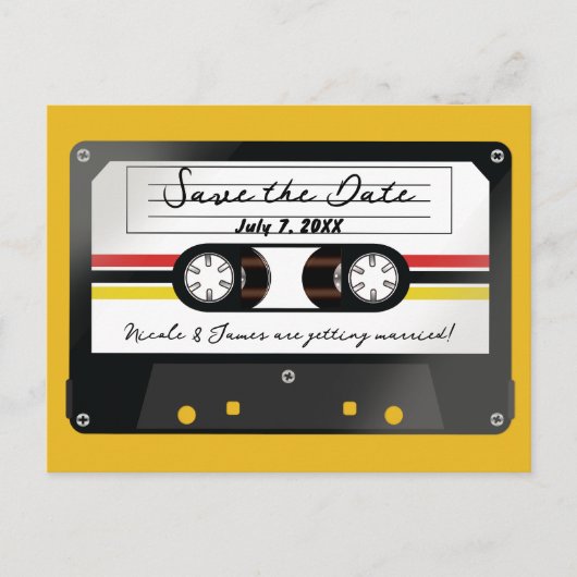 Retro Cassette Tape Yellow 90's Save the Date Ankündigungspostkarte (Vorderseite)