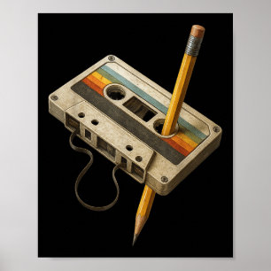 Retro Cassette und Bleistift Lustiges 80er 90er Mi Poster