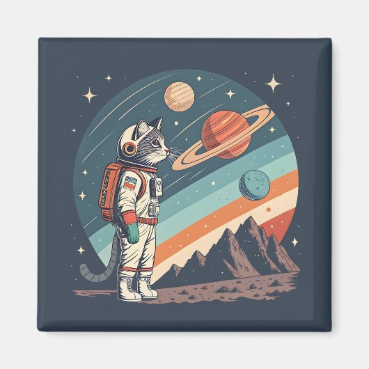 Retro Cat Astronaut Cosmic Space Illustration Magnet (Vorne)
