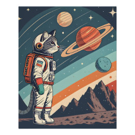 Retro Cat Astronaut Cosmic Space Illustration Poster