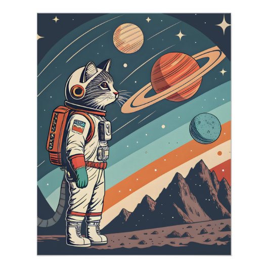 Retro Cat Astronaut Cosmic Space Illustration Poster (Vorderseite)