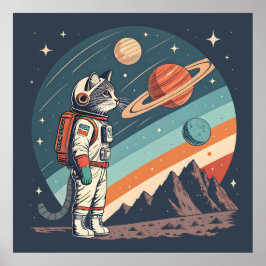 Retro Cat Astronaut Cosmic Space Illustration Poster