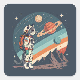 Retro Cat Astronaut Cosmic Space Illustration Quadratischer Aufkleber