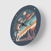 Retro Cat Astronaut Cosmic Space Illustration Runde Wanduhr (Winkel)