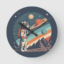 Retro Cat Astronaut Cosmic Space Illustration Runde Wanduhr