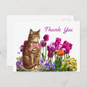 Retro Cat in Tulip Garden Danke Postcard Postkarte (Vorne/Hinten)
