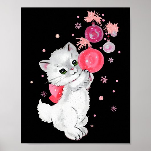 Retro Cat Kitten Plays mit rosa Weihnachtsnamen Poster (Vorne)