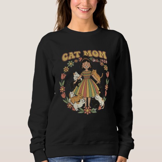 Retro Cat Mom Flower Circle Design Black Sweatshirt (Vorderseite)