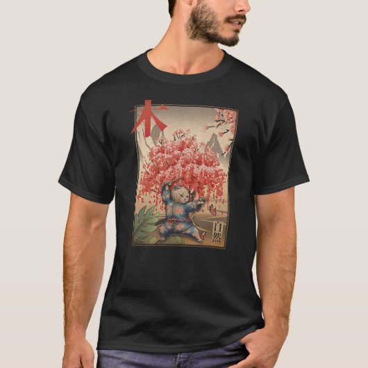 Retro Cat Ninja behind japanese sakura tree japane T-Shirt (Vorderseite)