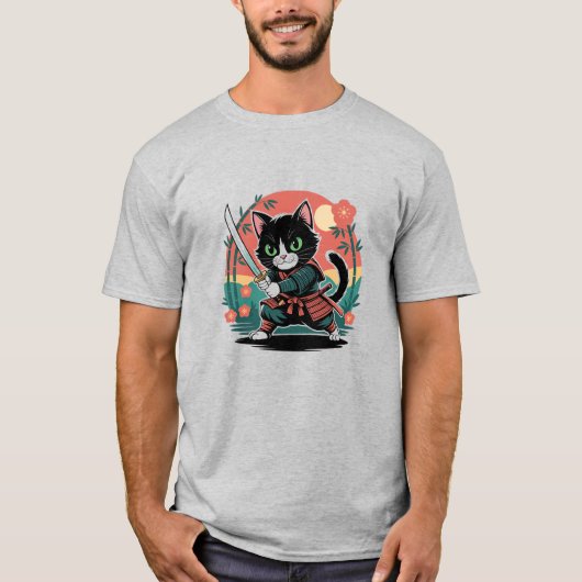 Retro Cat Samurai japanische Kriegerkunst T-Shirt (Vorderseite)