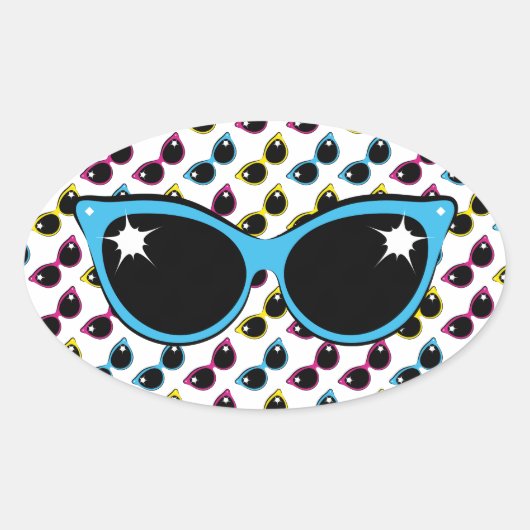 Retro Cat Sonnenbrille Muster mit Blau Ovaler Aufkleber (Vorderseite)