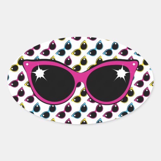 Retro Cat Sonnenbrille Muster mit Rosa Ovaler Aufkleber (Vorderseite)