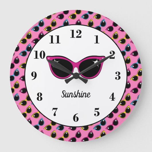Retro Cat Sunglasses Pattern Pink Personalized Große Wanduhr (Vorderseite)