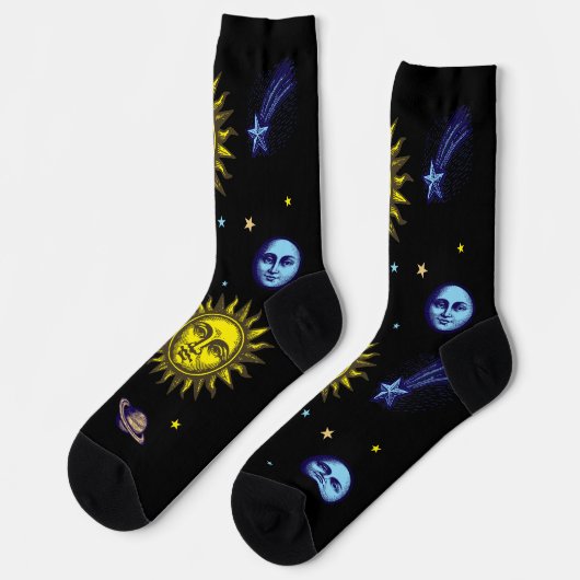 Retro Celestial Art Sun Moon Stars Planet Comet Socken (Linkes Detail)