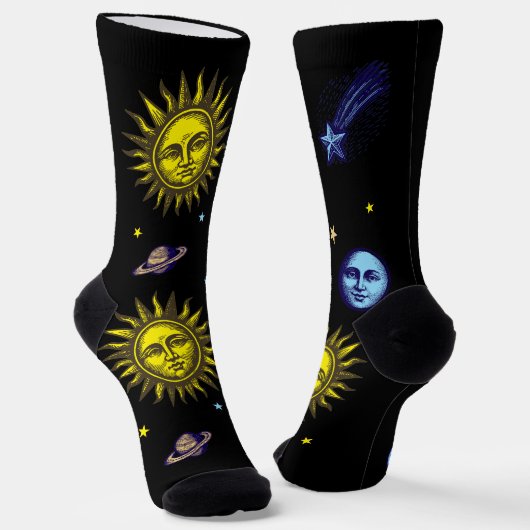 Retro Celestial Art Sun Moon Stars Planet Comet Socken (Gewinkelt)