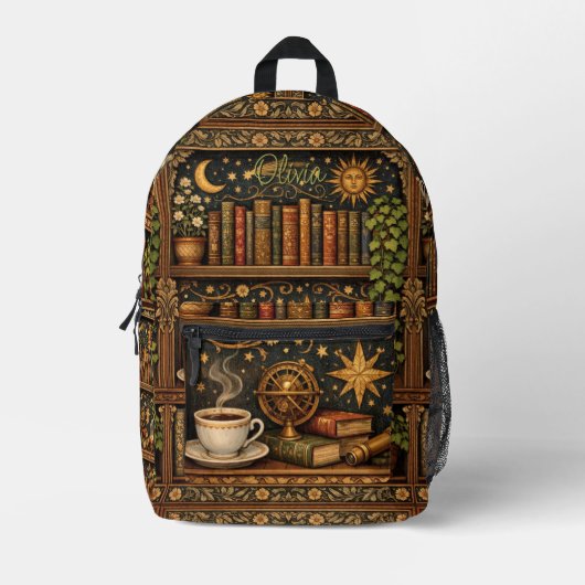 Retro celestial bookshelf book coffee lover bedruckter rucksack (Vorderseite)