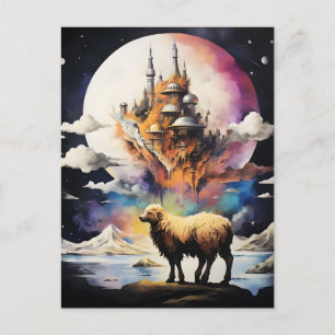 Retro Celestial Moon Sheep Adventure Feiertagspostkarte