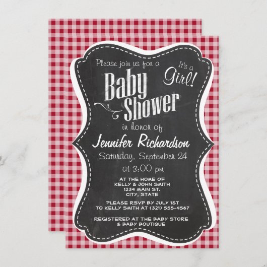 Retro Chalkboard; Carmine Red Gingham; Checked Einladung (Vorne/Hinten)