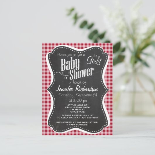 Retro Chalkboard; Carmine Red Gingham; Checked Einladungspostkarte (Stehend Vorderseite)