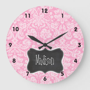 Retro Chalkboard Carnation Pink Damask Pattern Große Wanduhr