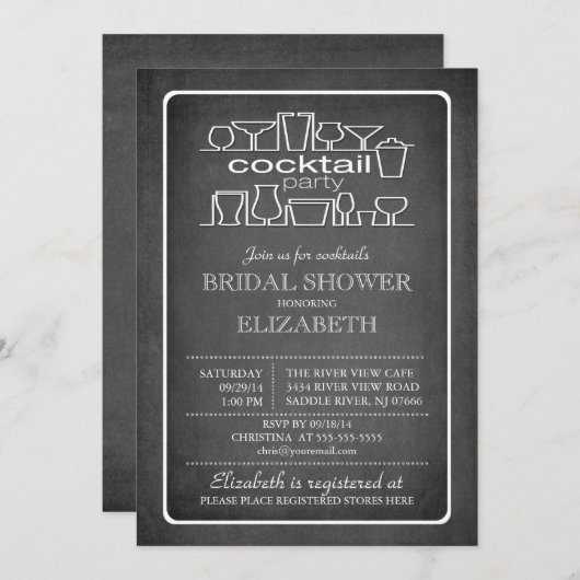 Retro Chalkboard Cocktail Party Brautparty Einladung (Vorne/Hinten)